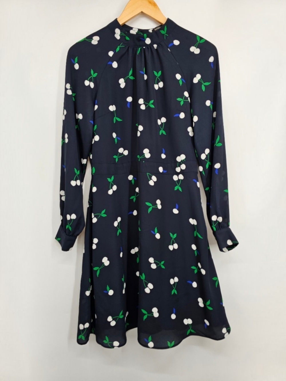 Banana Republic Cherry Print Fit & Flare Dress 4 Navy Long Sleeve Mock Neck